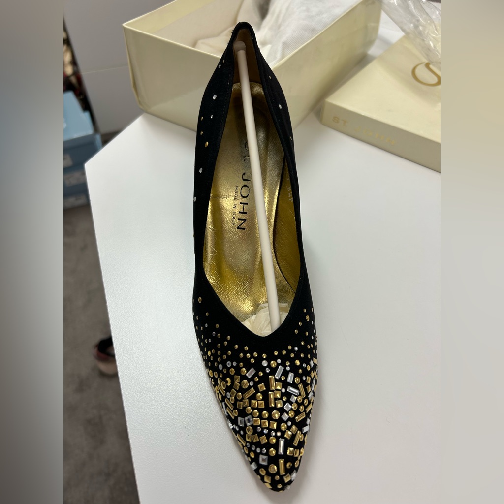 St John Gold Studded Rhinestone Black Fabric Heels Shoes Fits Sz 7 Dazzling!!